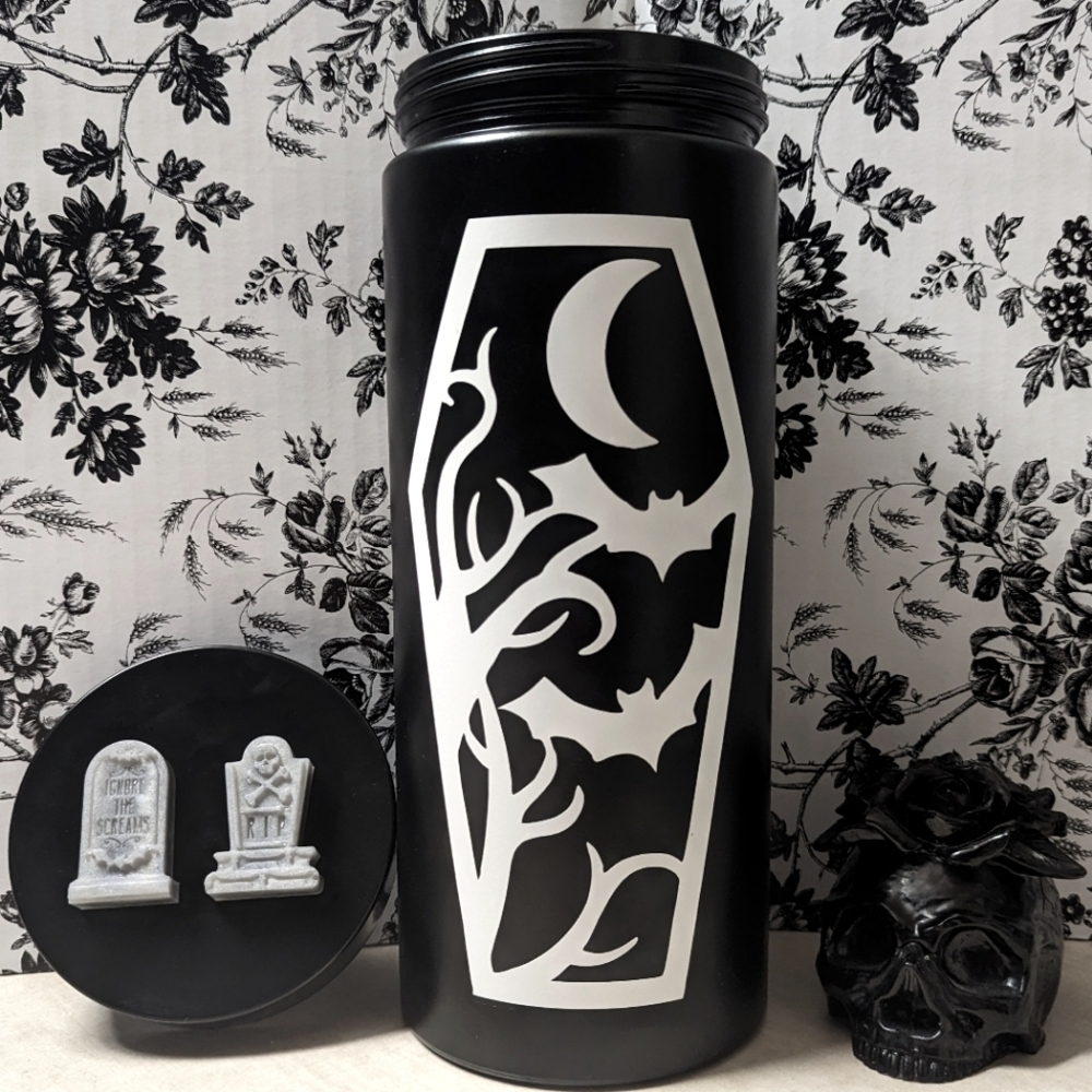 11.25" BAT+MOON COFFIN Glass Storage Jar with Gravestone Lid *Goth Kitchen Décor